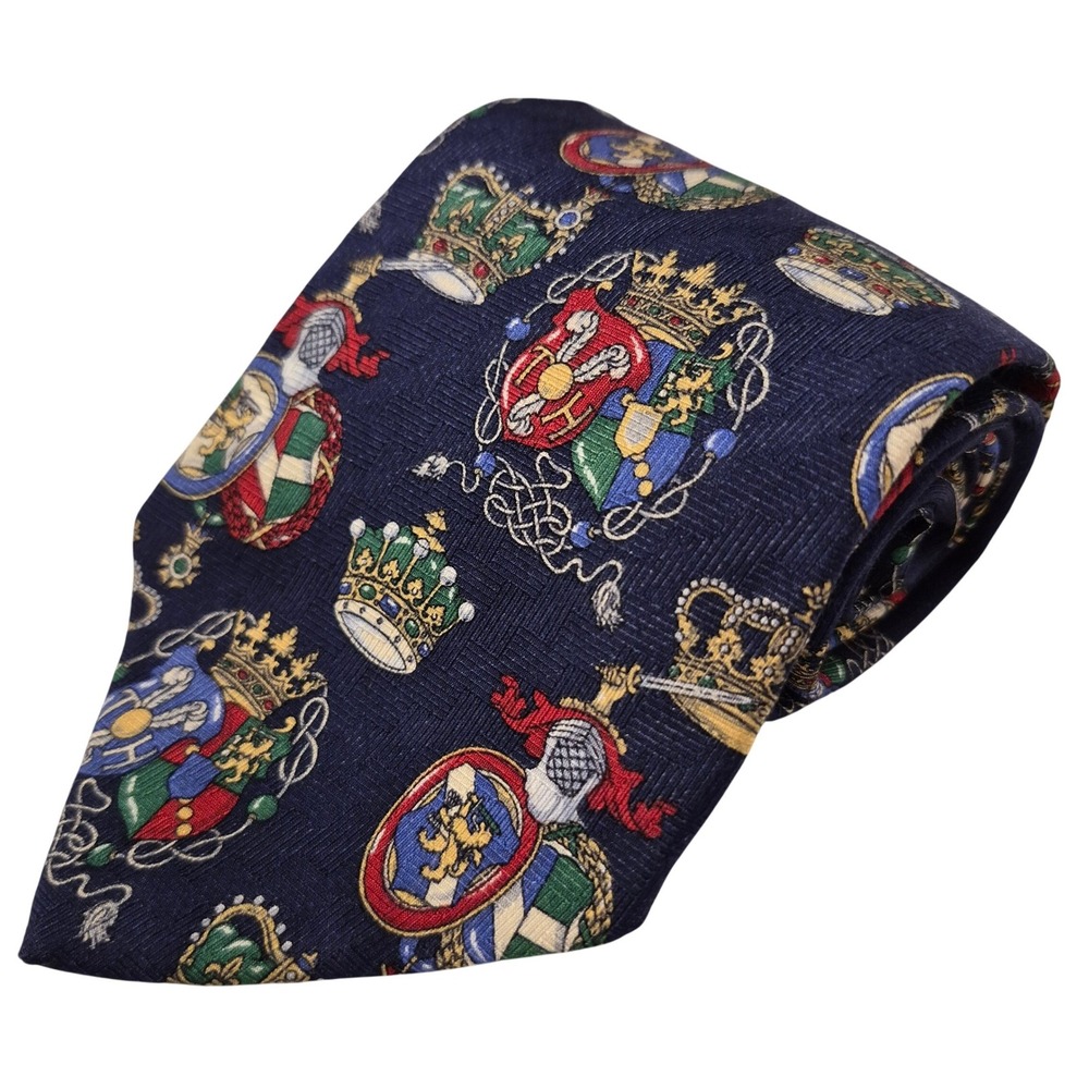 Tommy Hilfiger Tie Mens Navy Blue Heraldic Crest Crown 100% Italian Silk USA‎